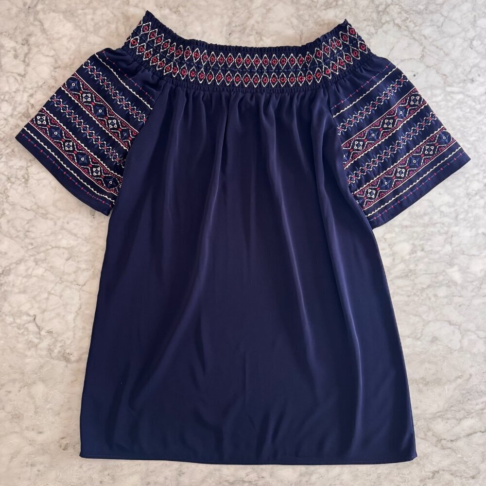 Tribal Jeans Women’s Large Navy Embroidered Boho Peasant Top Off Shoulder Blouse